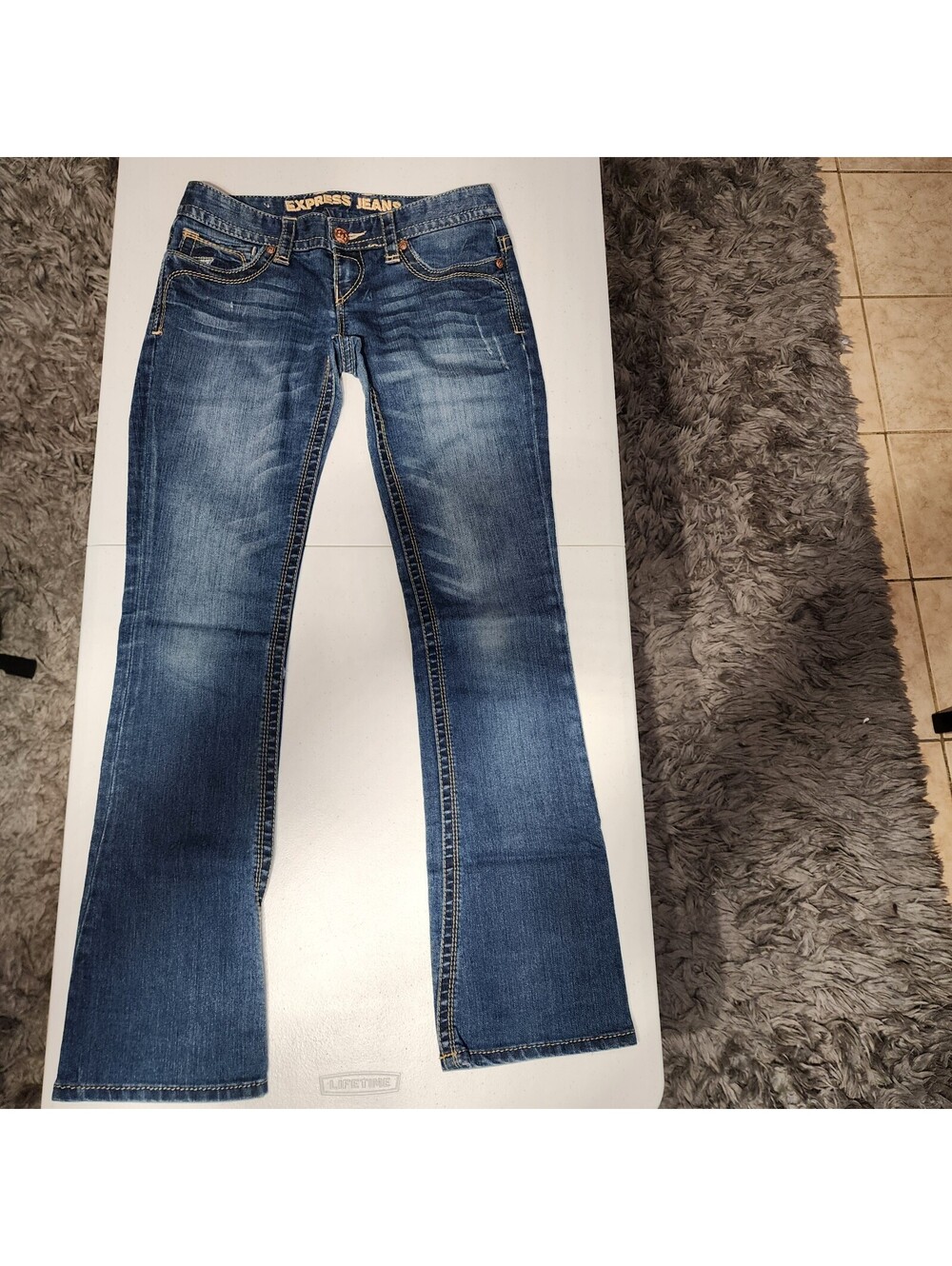 Express Bootcut Blue Denim Jeans Women Stretch Embroidered Zip Button Logo